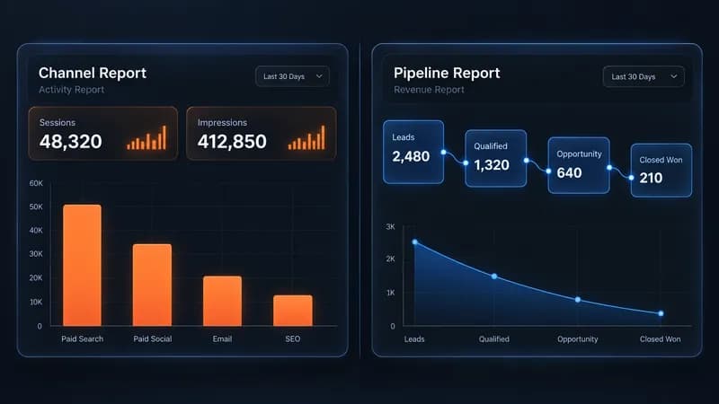 Split dark dashboard contrasting a channel report built on bar charts with a pipeline report built on staged deal flow