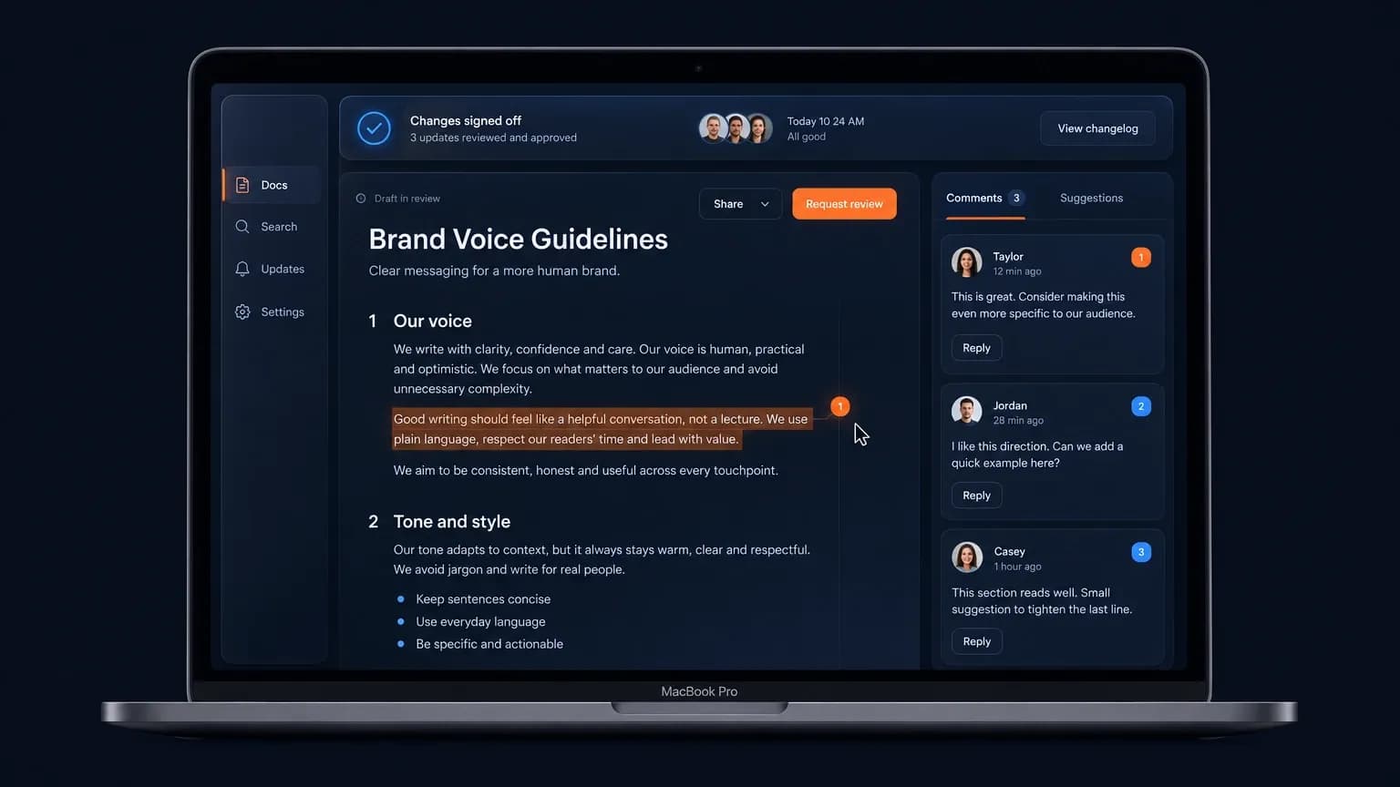Brand voice guidelines 2026 - a working document with principles, review rules and a changelog