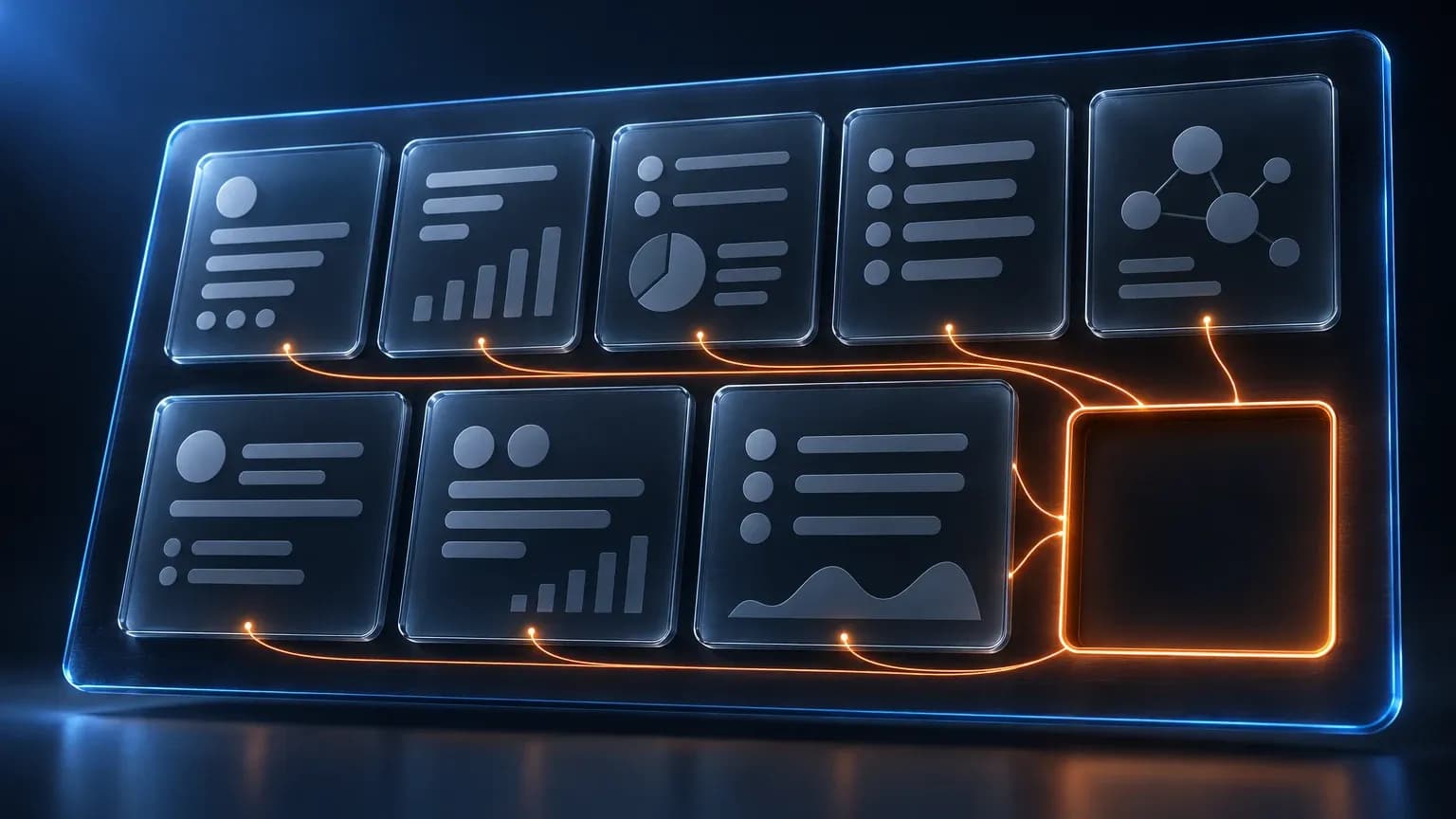 Dark canvas panel holding nine glass tiles in two rows, eight of them filled with grey placeholder bars and the ninth an empty recessed well outlined in orange, with a blue rim light on the panel edge and thin orange filaments running from the eight filled tiles into the empty one