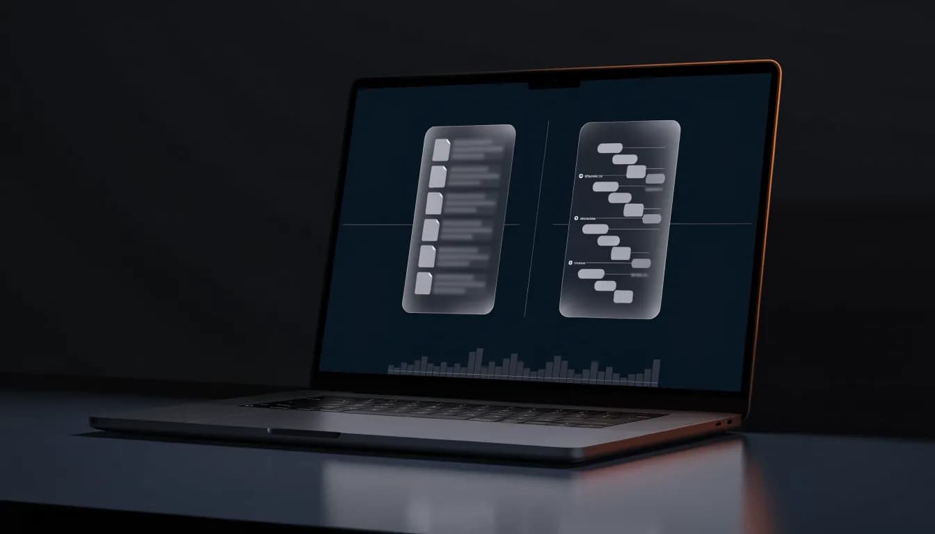 A dark navy comparison dashboard on an open laptop, two side-by-side tool panels with orange and blue accents