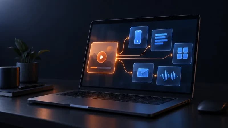 Dark product dashboard on a laptop screen showing one orange source card fanning out into several smaller channel format panels