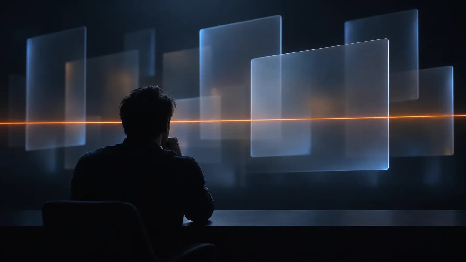 A silhouetted figure at a desk facing a glowing field of empty glass panels and one orange line