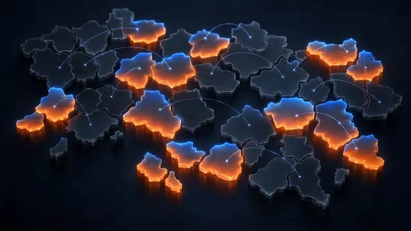 A dark territory split into many irregular region cells, one half glowing glass and one half matte held out cells, joined by faint pairing lines