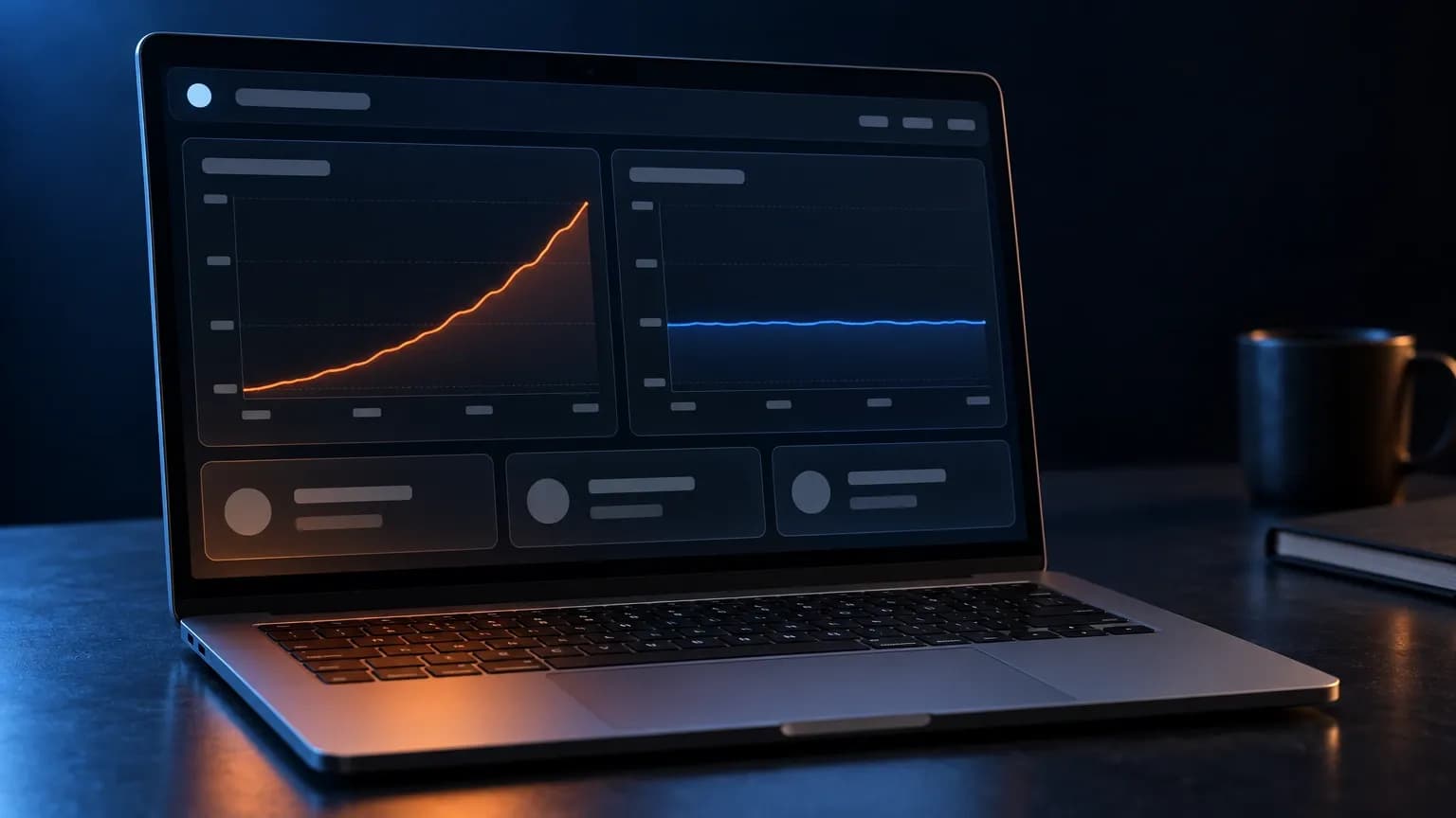 A laptop on a dark desk showing two dashboard charts side by side, the left line climbing while the right line stays flat