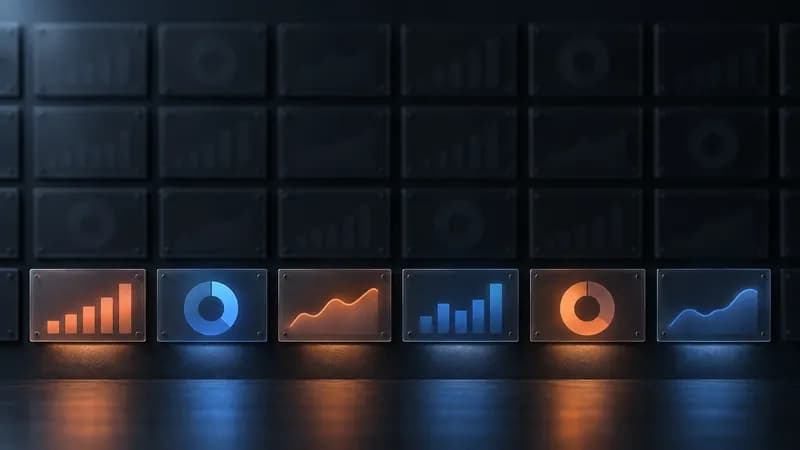 A dense wall of dim dashboard panels above a narrow band of brighter panels, the wall blurred and the band in focus