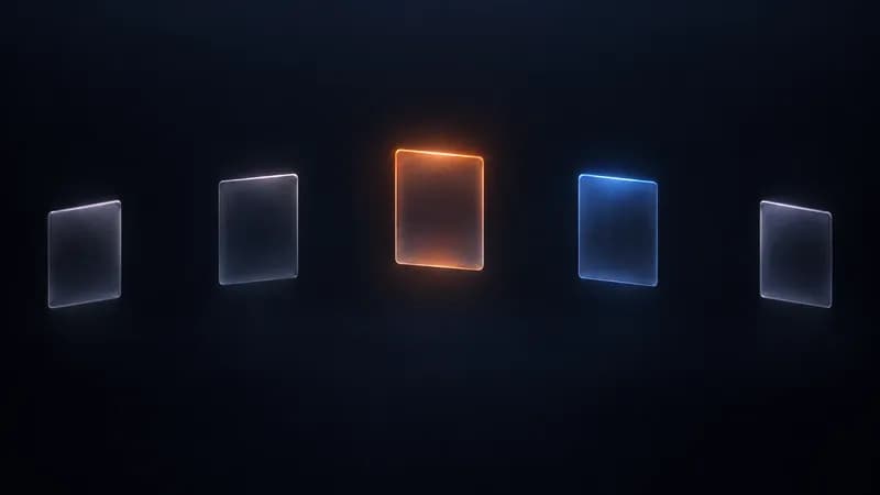 Five glass cards floating on a shallow arc in dark space, one lit orange and one blue, each separated from the next by a wide empty gap