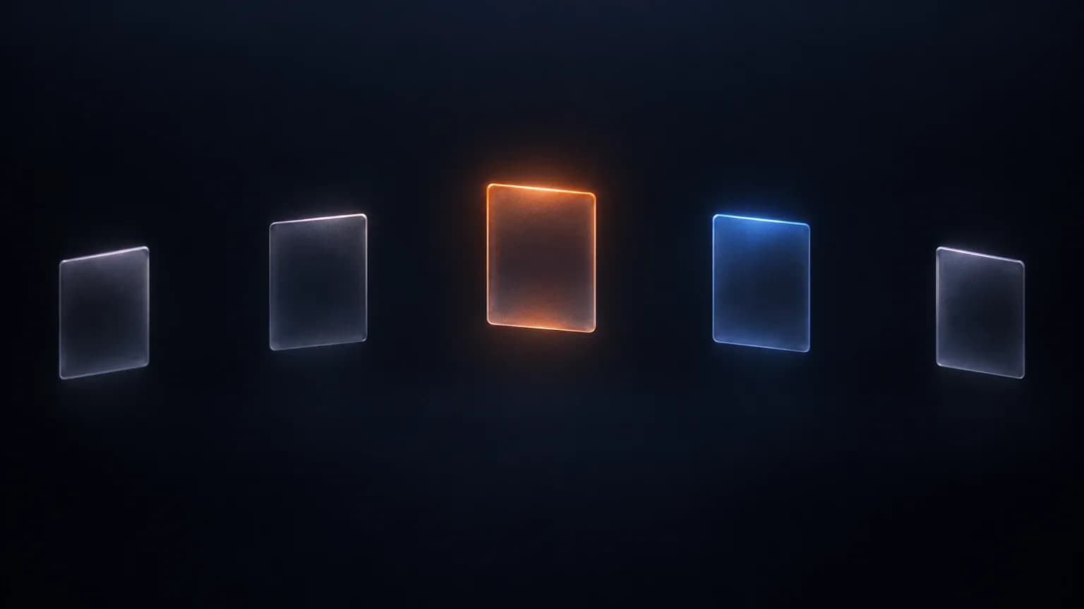 Five glass cards floating on a shallow arc in dark space, one lit orange and one blue, each separated from the next by a wide empty gap