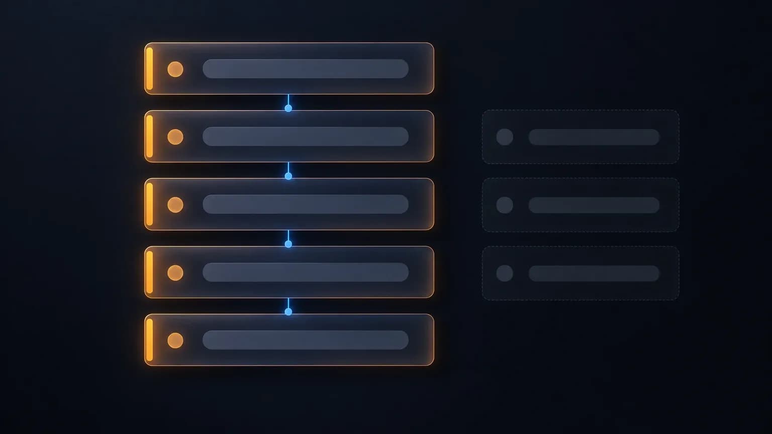 Five lit field cards and three dimmed field cards on a dark panel, showing which slots in a positioning statement template are required and which are optional