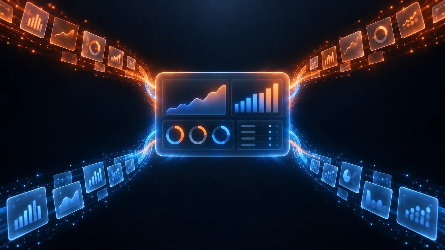 Hero illustration for a guide on automating SEO reporting, showing four data sources wired into one scheduled monthly report