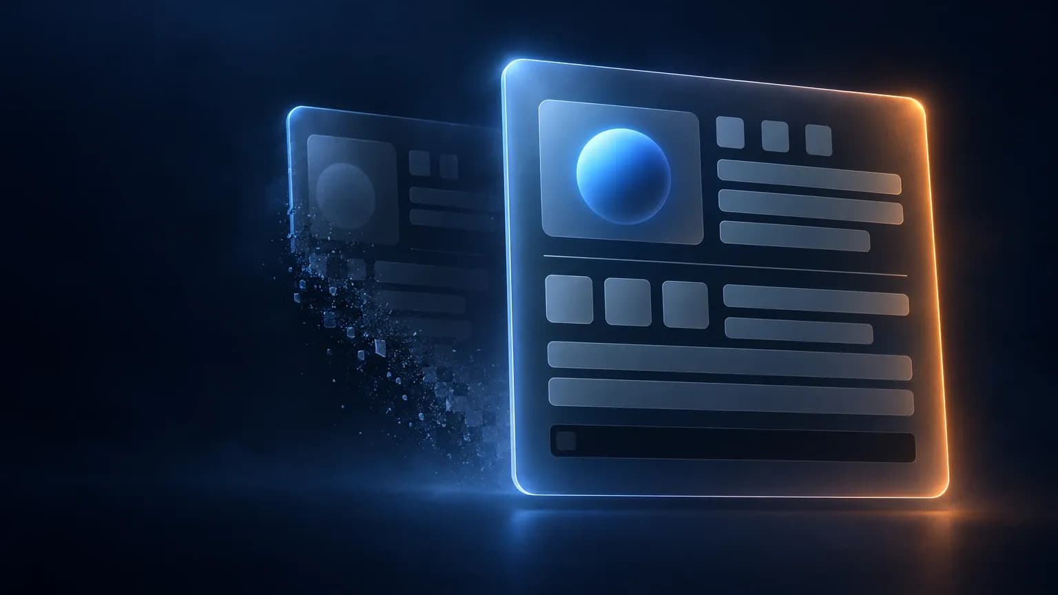 Two overlapping translucent glass panels, the front one crisp and fully lit while the panel behind it dims and breaks apart into the dark background