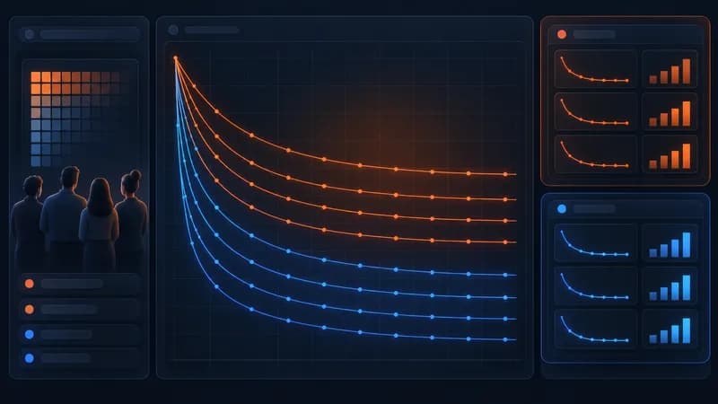 Dark SaaS dashboard mockup showing a cohort retention chart with orange and blue curves, a side rail with a small team studying the cohort, and a comparison panel of two segment groups