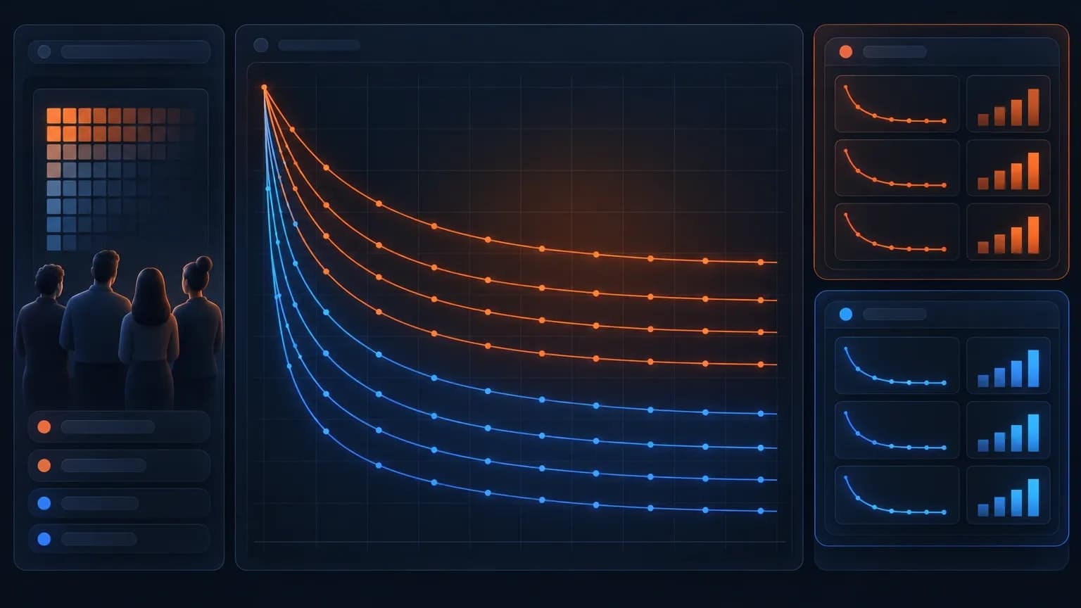 Dark SaaS dashboard mockup showing a cohort retention chart with orange and blue curves, a side rail with a small team studying the cohort, and a comparison panel of two segment groups