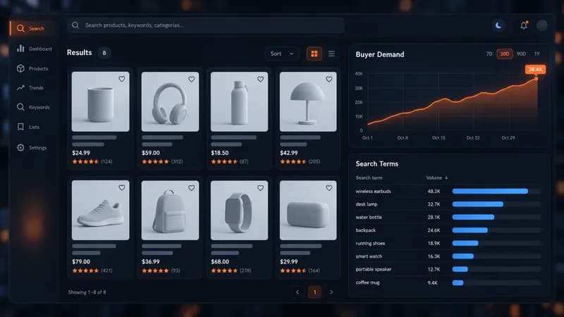 Marketplace search dashboard showing a grid of product listing cards beside a buyer demand chart and a ranked search term table