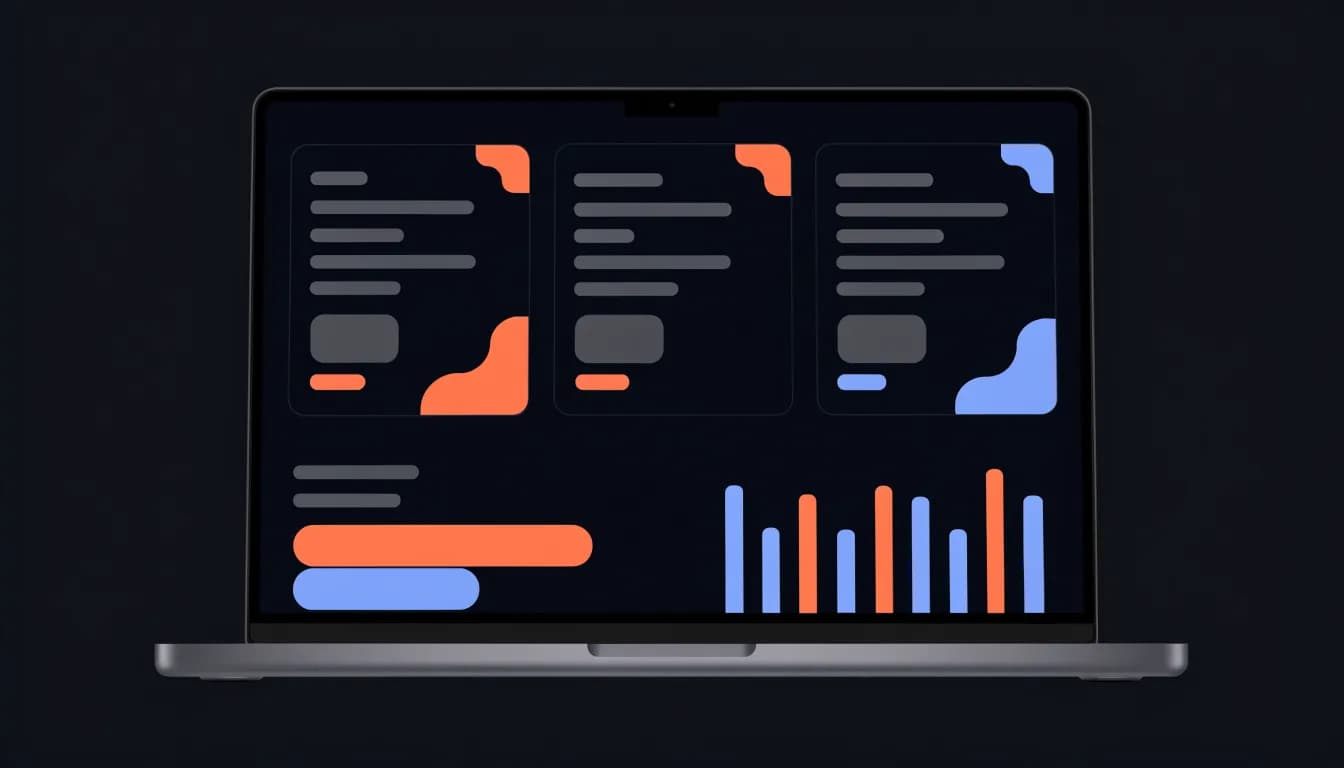 Laptop on a dark desk showing a website builder pricing dashboard in a dark navy interface: plan tier cards with blank price placeholders, a segmented stacked bar, and an unlabelled column chart