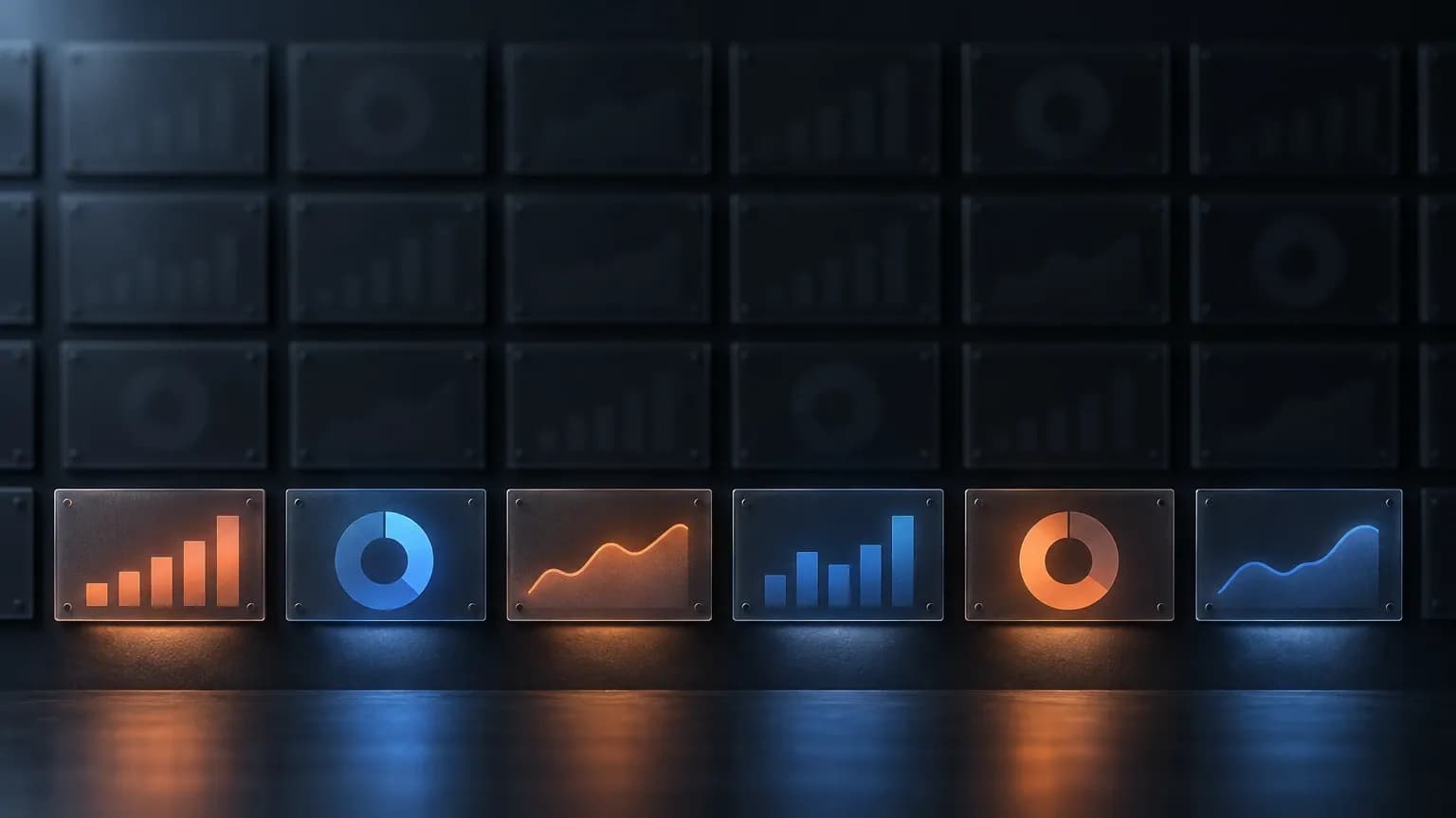 A dense wall of dim dashboard panels above a narrow band of brighter panels, the wall blurred and the band in focus