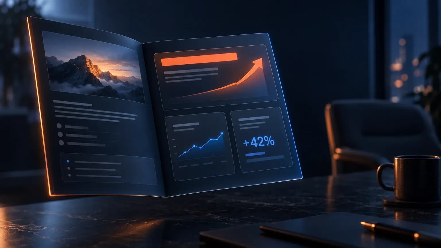 Open client report document on a dark desk, one orange verdict bar at the top and a large upward arrow above a secondary chart, blue and orange interface accents
